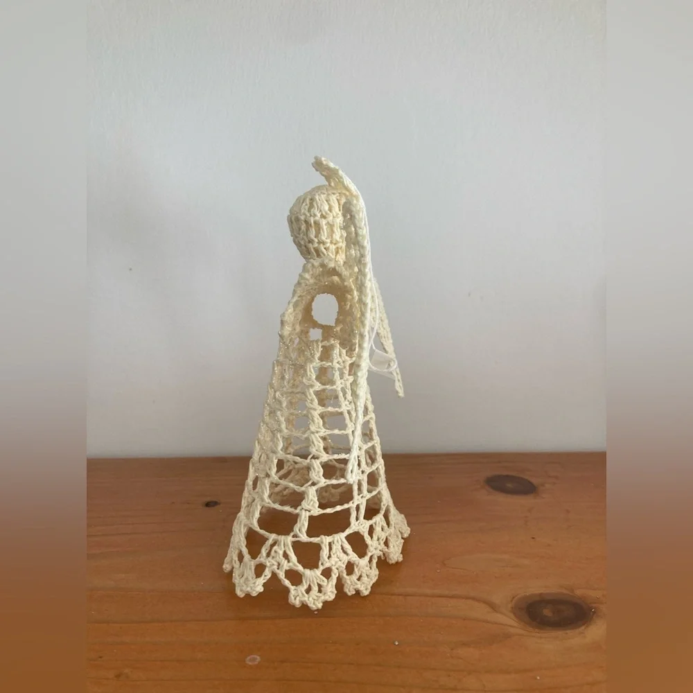 Vintage Crocheted Beige Starched Angel Tree Topper 6” Tall Handmade